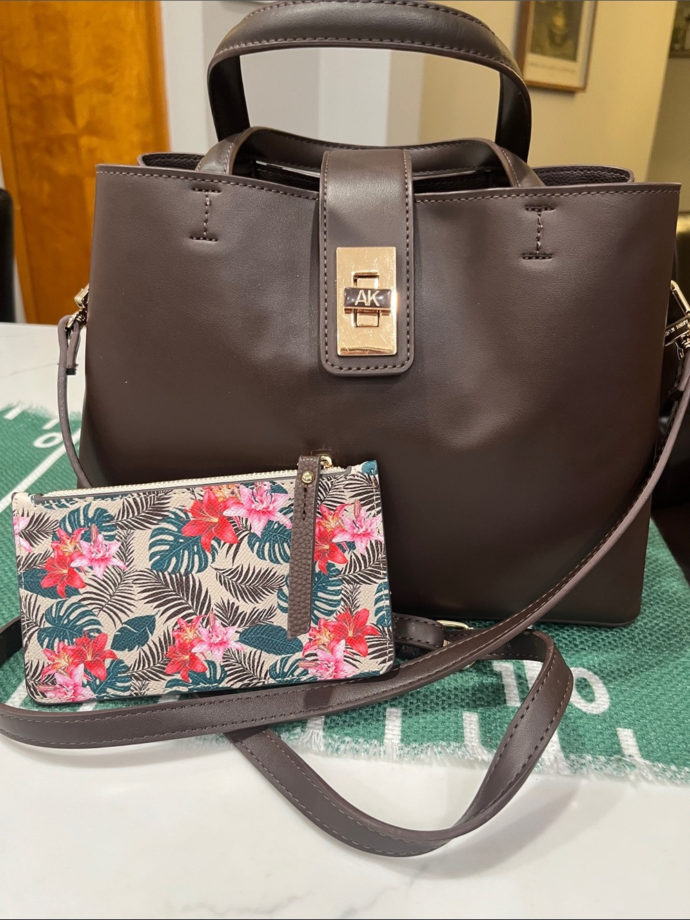Anne Klein Chocolate Brown Satchel with Gold Accent with floral thin wallet